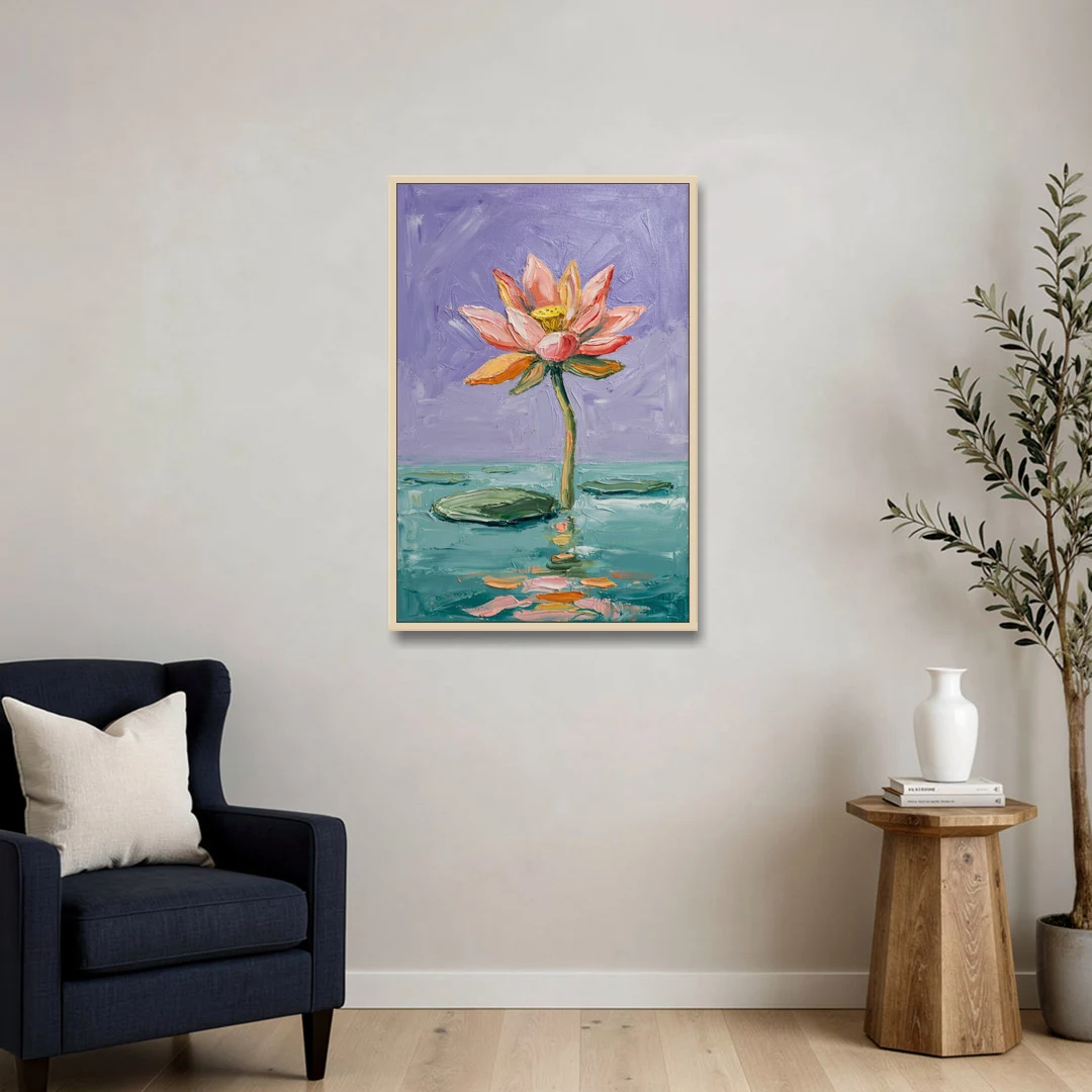 Bold Floral Wall Art Lotus Over Teal Water - Oak Framed Canvas Wall Art - Sofa - 24x36