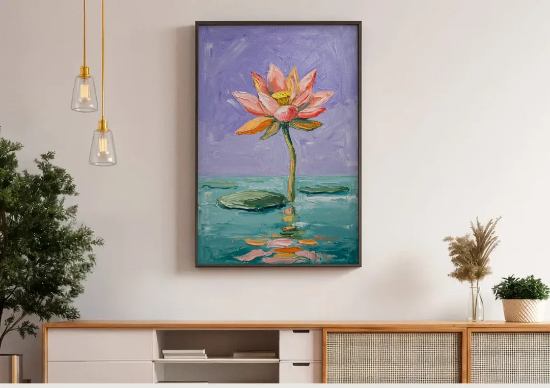 Bold Floral Wall Art Lotus Over Teal Water canvas wall art above a wooden sideboard under pendant lights