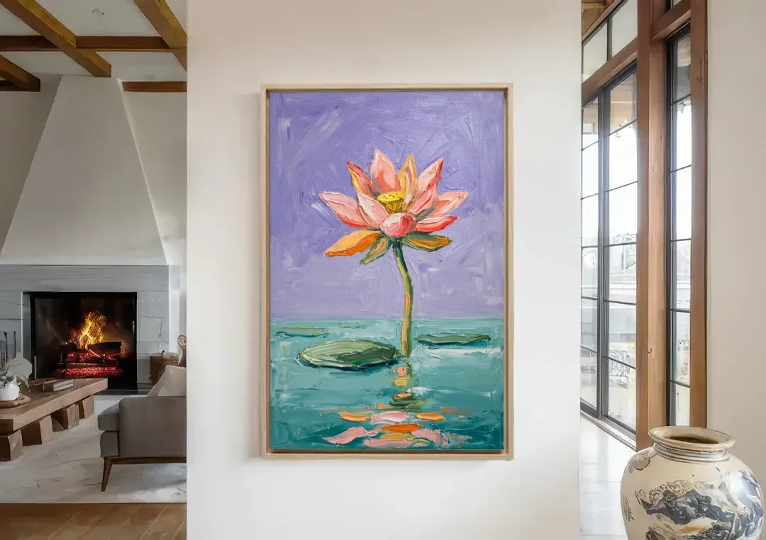 Bold Floral Wall Art Lotus Over Teal Water canvas wall art in a living room with a fireplace