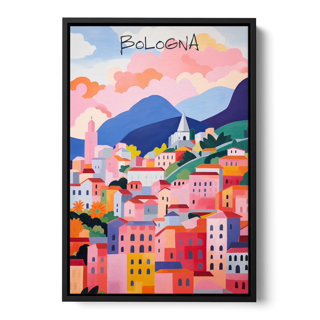 Bologna Art of Pink Rooftops - Black Framed Canvas Wall Art - Front