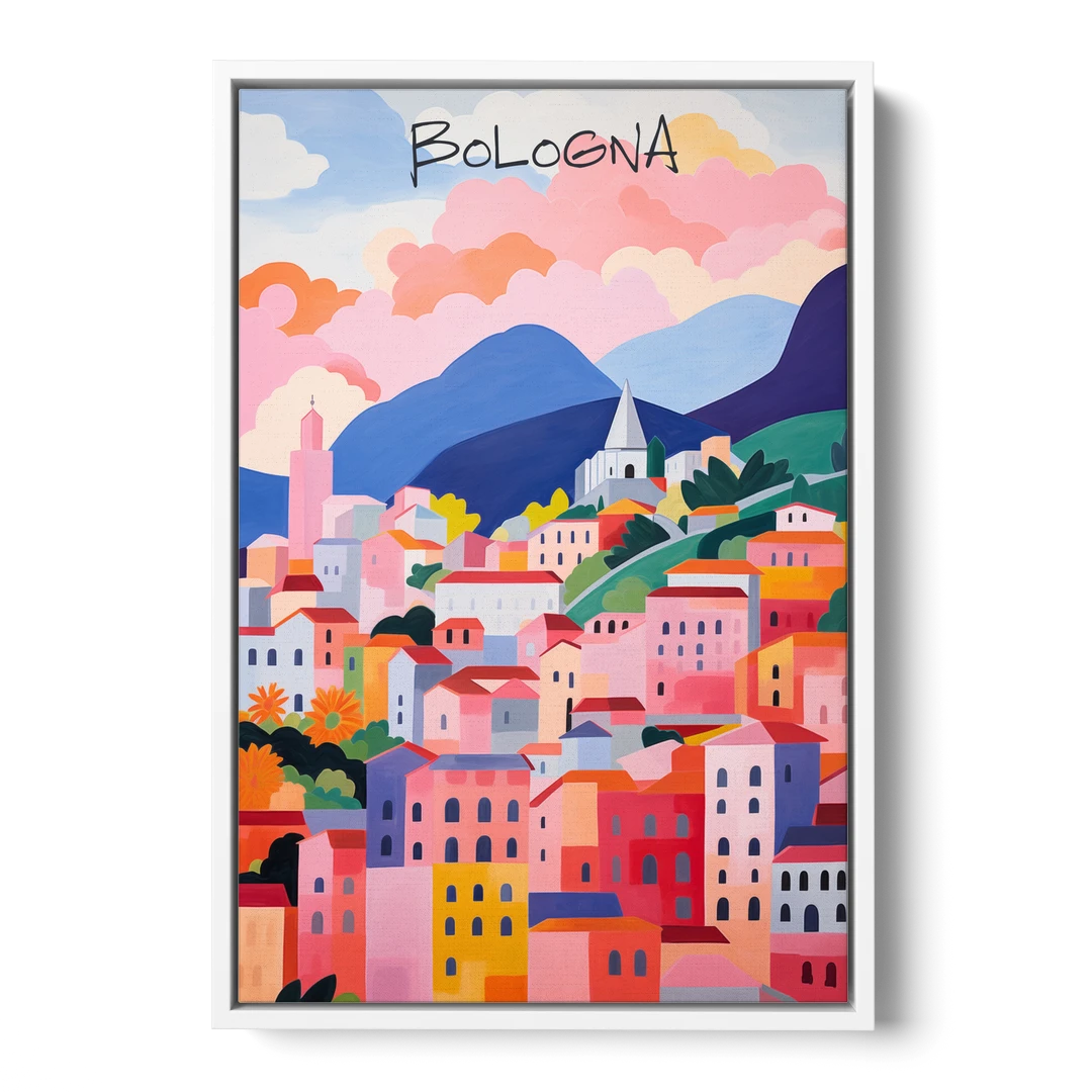 Bologna Art of Pink Rooftops - White Framed Canvas Wall Art - Front