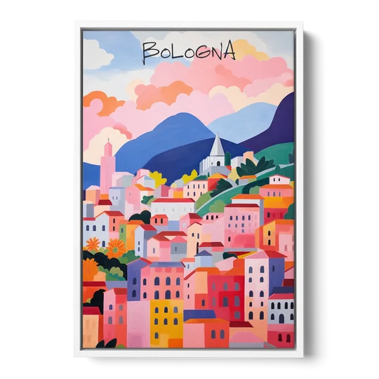 Bologna Art of Pink Rooftops - White Framed Canvas Wall Art - Front