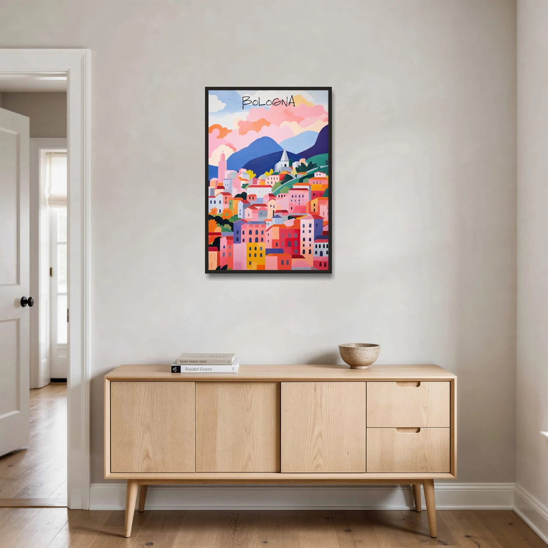 Bologna Art of Pink Rooftops - Black Framed Canvas Wall Art - Coffee Table - 24x36