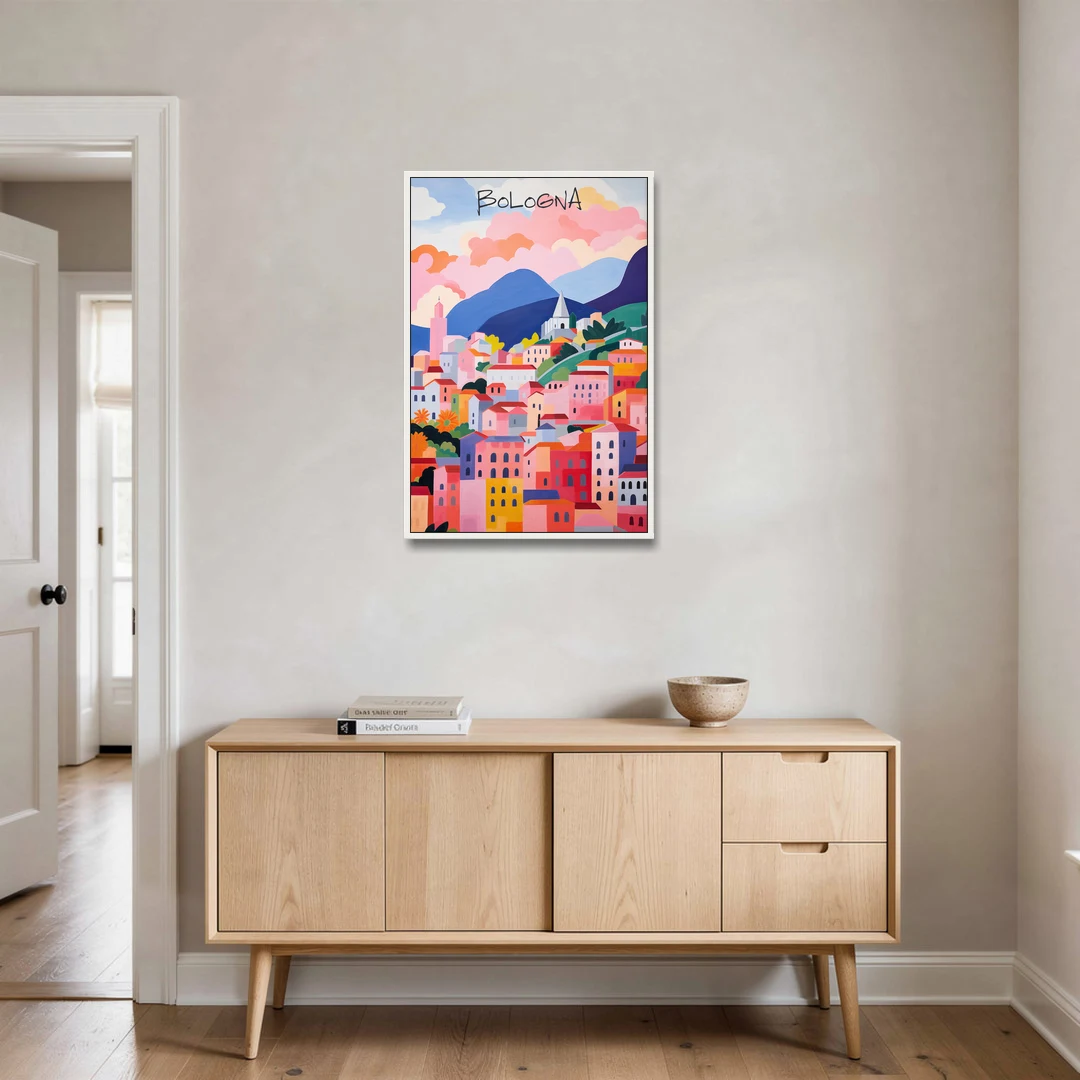 Bologna Art of Pink Rooftops - White Framed Canvas Wall Art - Coffee Table - 24x36