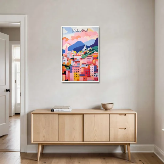 Bologna Art of Pink Rooftops - White Framed Canvas Wall Art - Coffee Table - 24x36