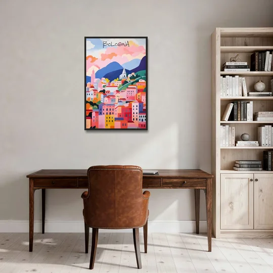 Bologna Art of Pink Rooftops - Black Framed Canvas Wall Art - Office - 24x36