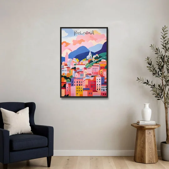 Bologna Art of Pink Rooftops - Black Framed Canvas Wall Art - Sofa - 24x36