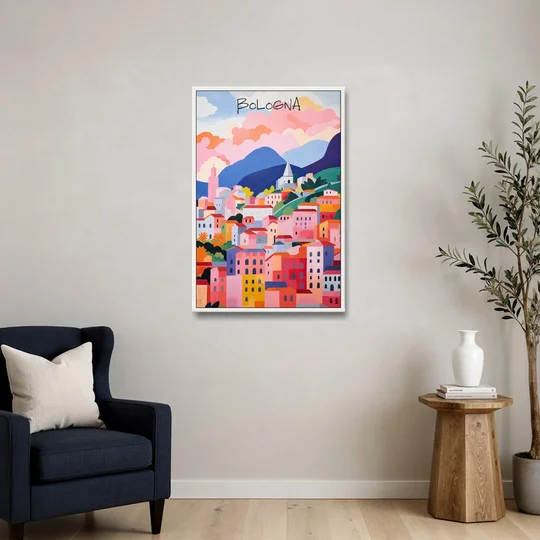 Bologna Art of Pink Rooftops - White Framed Canvas Wall Art - Sofa - 24x36