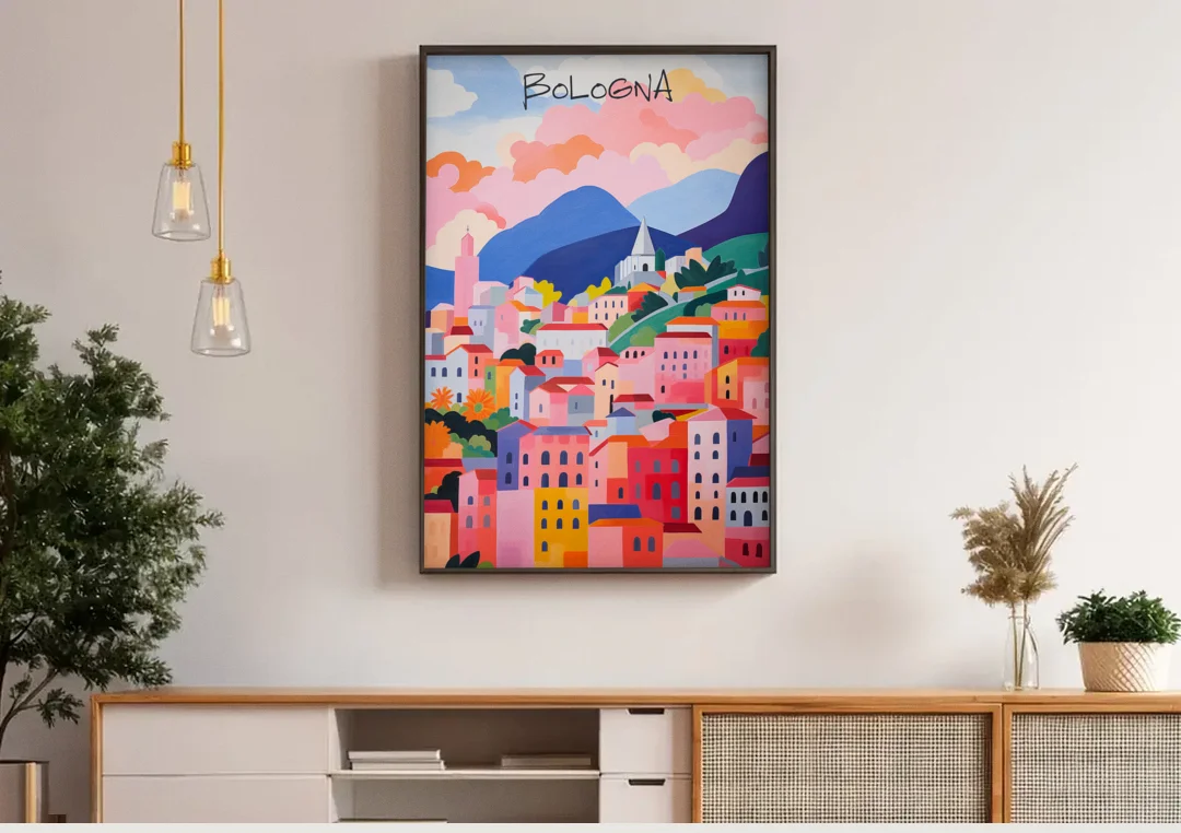 Bologna Art of Pink Rooftops canvas wall art above a wooden sideboard under pendant lights