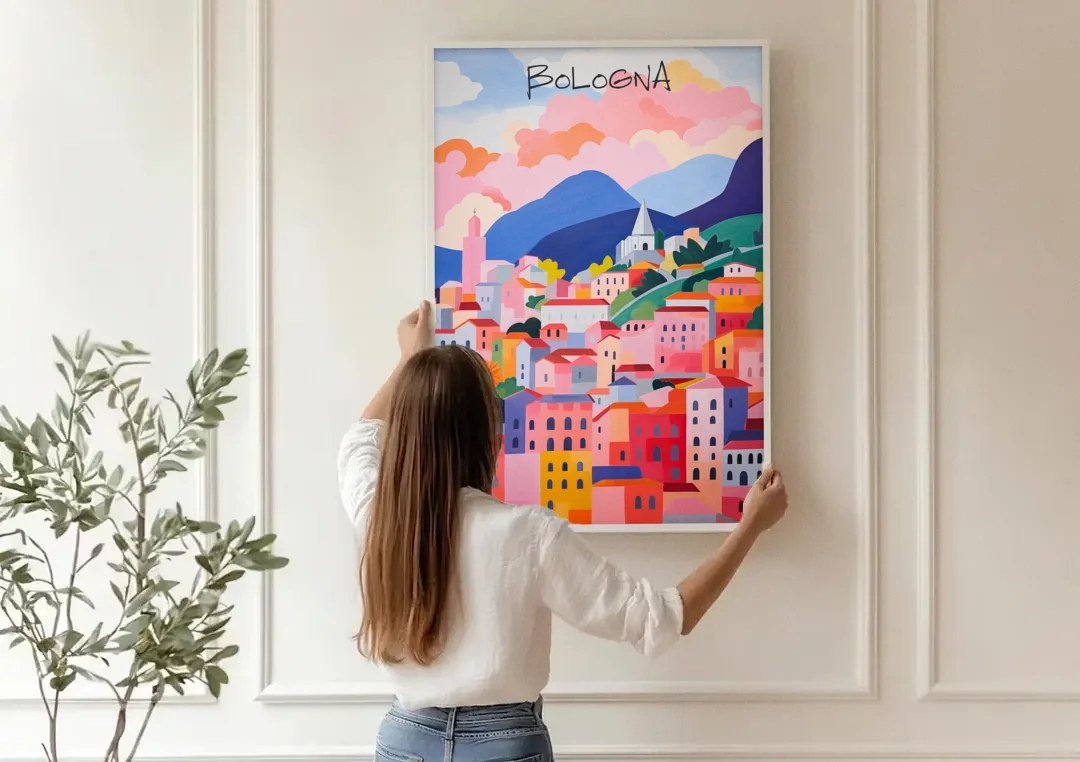 Bologna Art of Pink Rooftops canvas wall art being hung on a paneled wall