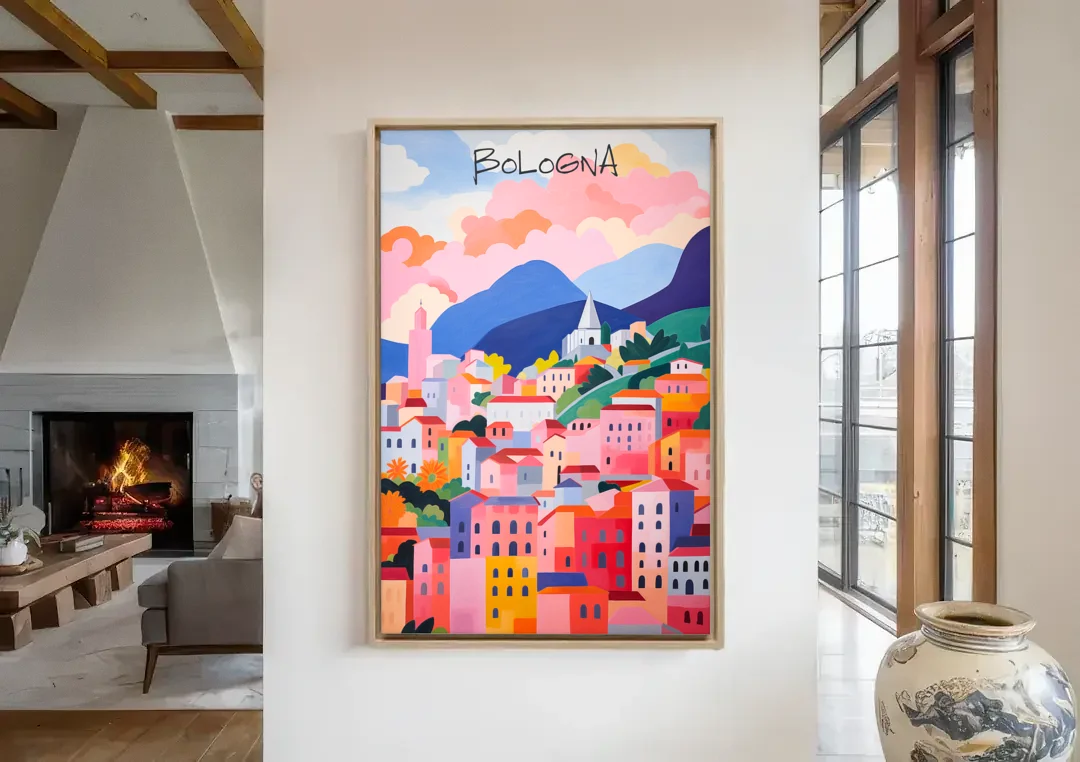 Bologna Art of Pink Rooftops canvas wall art in a living room with a fireplace
