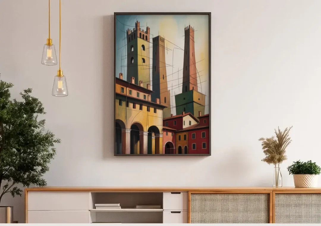 Bologna's Medieval Heart canvas wall art above a wooden sideboard under pendant lights