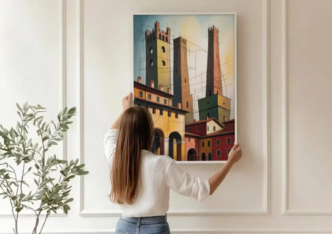 Bologna's Medieval Heart canvas wall art being hung on a paneled wall