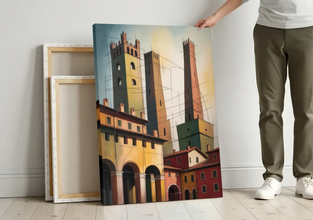 Bologna's Medieval Heart canvas wall art leaning against a wall next to blank canvases