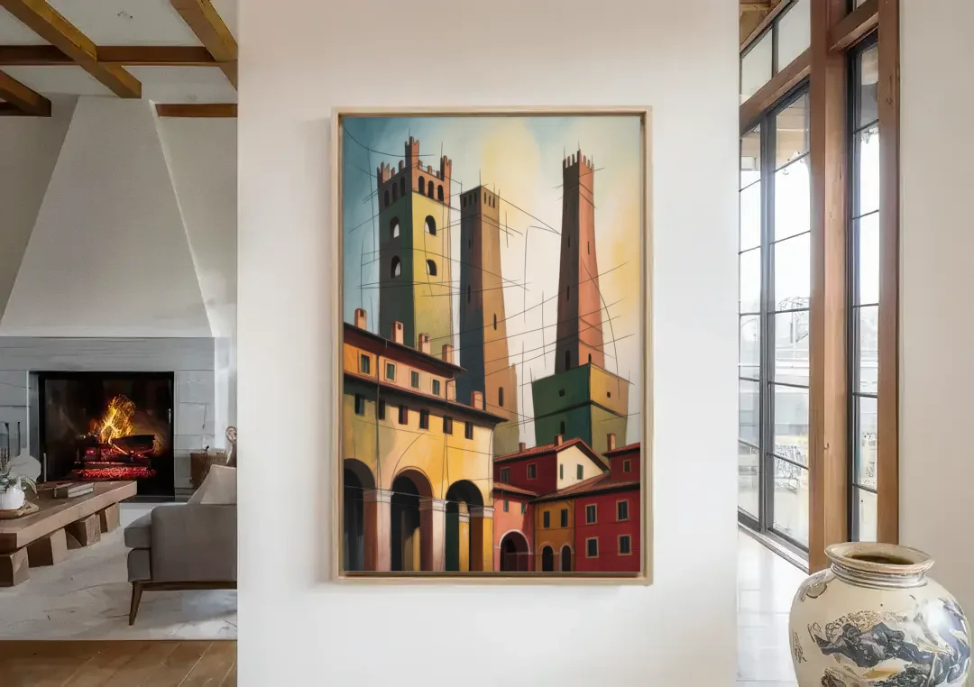 Bologna's Medieval Heart canvas wall art in a living room with a fireplace