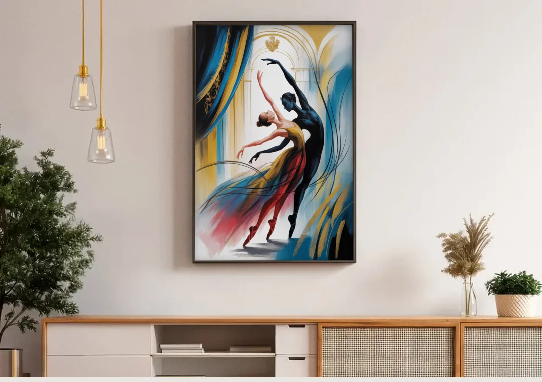 Bolshoi Ballet canvas wall art above a wooden sideboard under pendant lights