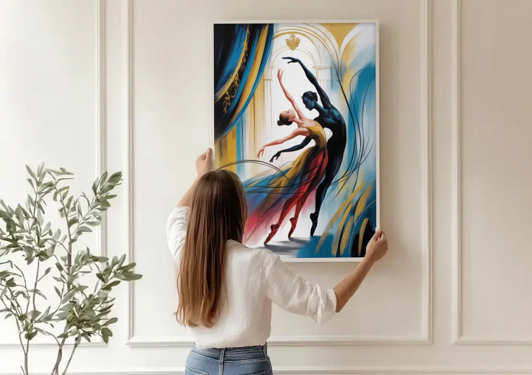 Bolshoi Ballet canvas wall art being hung on a paneled wall