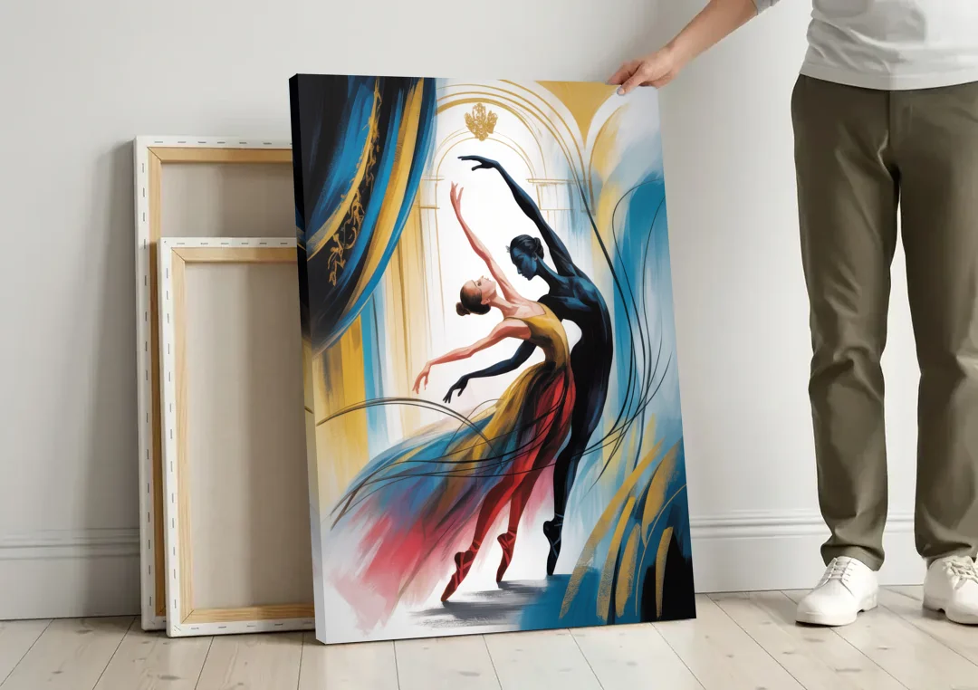 Bolshoi Ballet canvas wall art leaning against a wall next to blank canvases