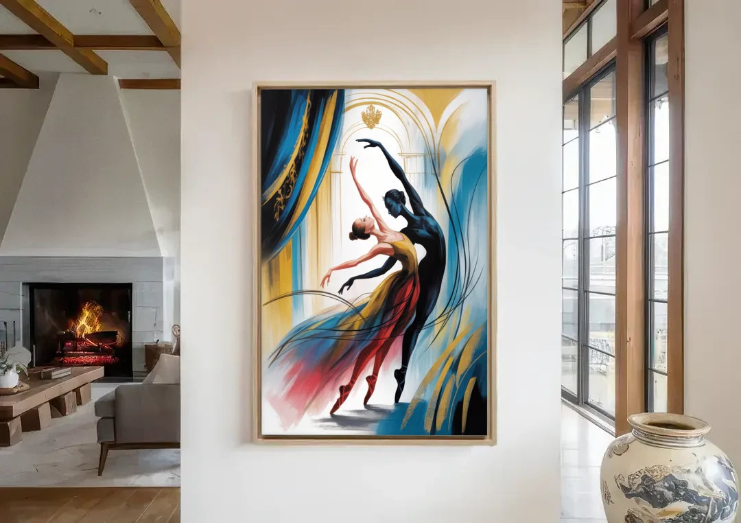 Bolshoi Ballet canvas wall art in a living room with a fireplace