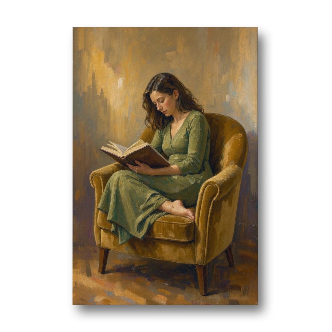 Book Lover Wall Art in the Mustard Armchair - Canvas Wall Art - Front