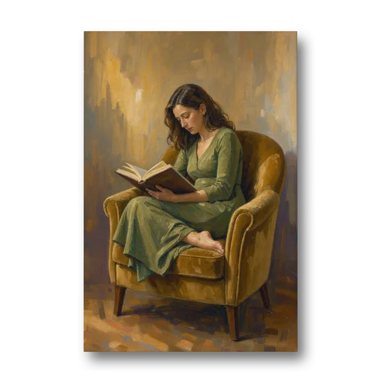 Book Lover Wall Art in the Mustard Armchair - Canvas Wall Art - Front