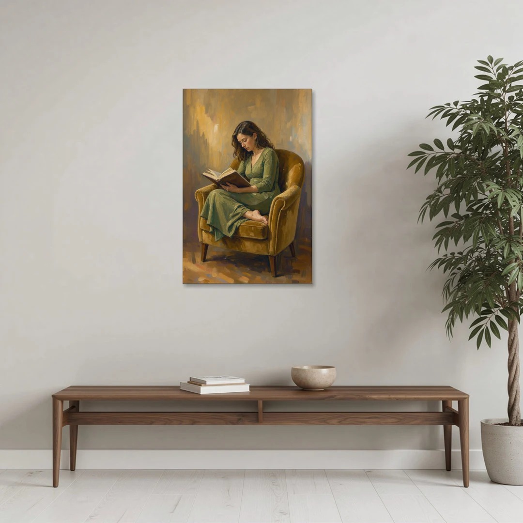 Book Lover Wall Art in the Mustard Armchair - Canvas Wall Art - Coffee Table - 24x36