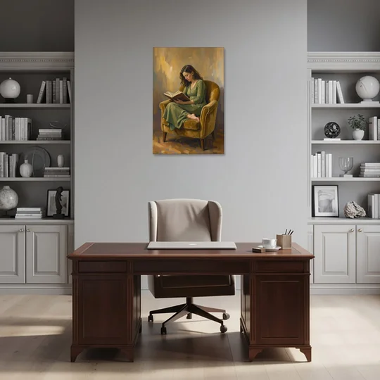 Book Lover Wall Art in the Mustard Armchair - Canvas Wall Art - Office - 24x36