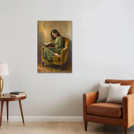 Book Lover Wall Art in the Mustard Armchair - Canvas Wall Art - Sofa - 24x36