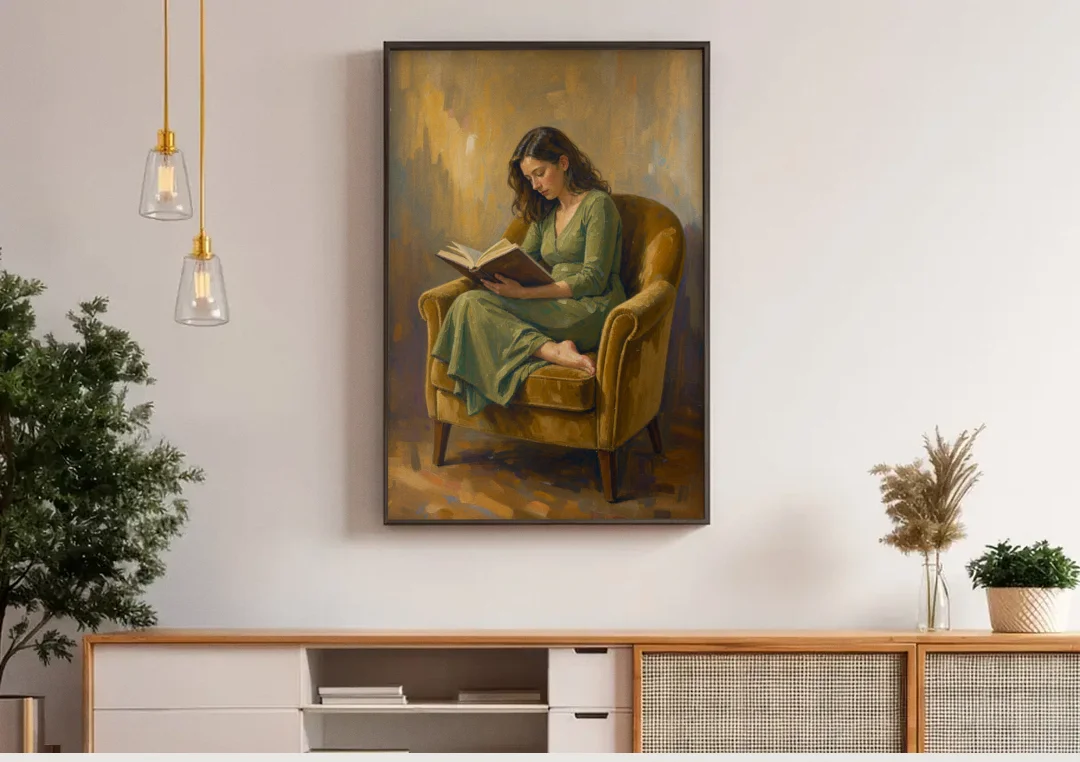 Book Lover Wall Art in the Mustard Armchair canvas wall art above a wooden sideboard under pendant lights