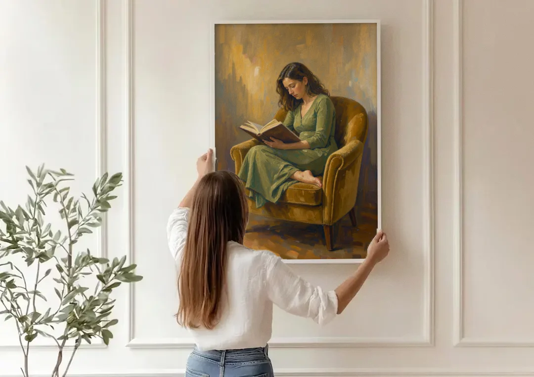 Book Lover Wall Art in the Mustard Armchair canvas wall art being hung on a paneled wall