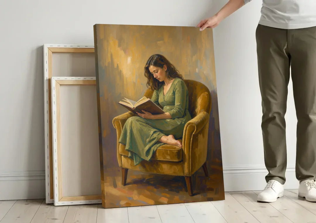 Book Lover Wall Art in the Mustard Armchair canvas wall art leaning against a wall next to blank canvases