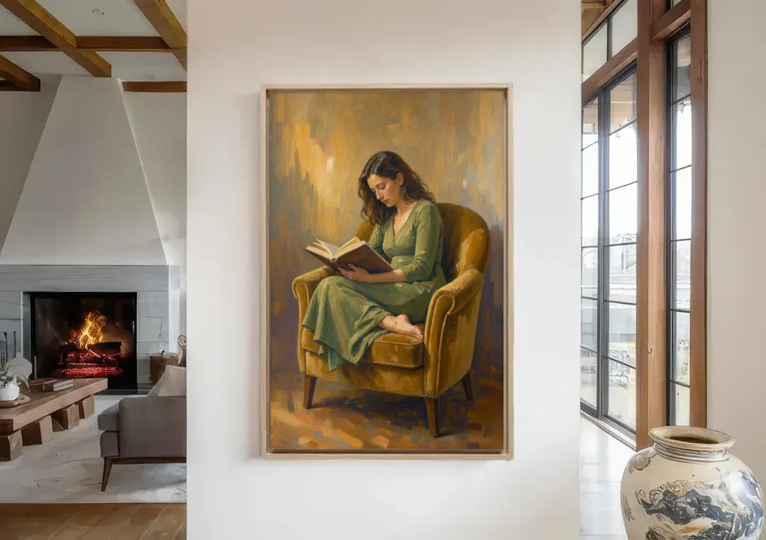 Book Lover Wall Art in the Mustard Armchair canvas wall art in a living room with a fireplace
