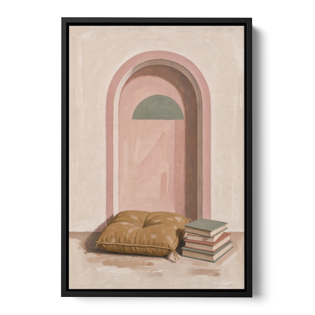 Book Nook Decor with Mustard Cushion in Blush Arch - Black Framed Canvas Wall Art - Front