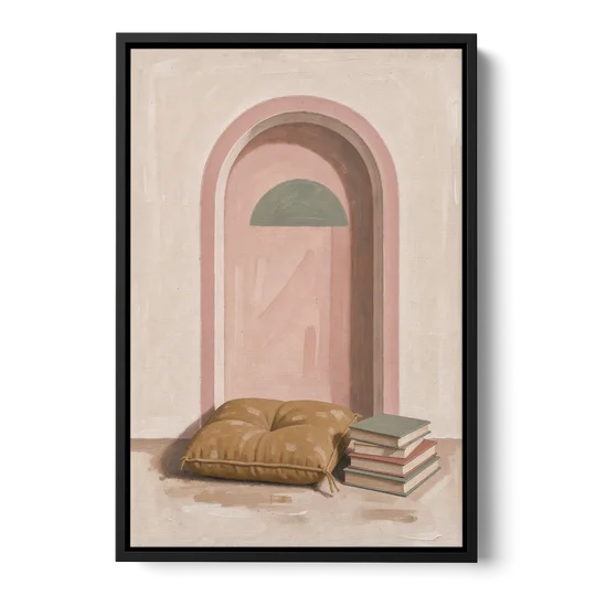 Book Nook Decor with Mustard Cushion in Blush Arch - Black Framed Canvas Wall Art - Front