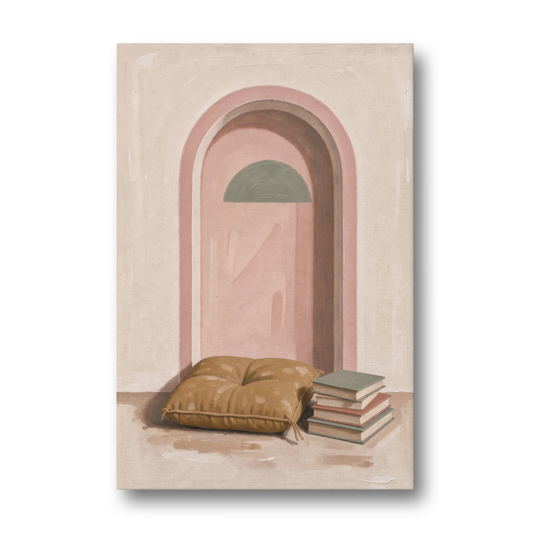Book Nook Decor with Mustard Cushion in Blush Arch - Canvas Wall Art - Front