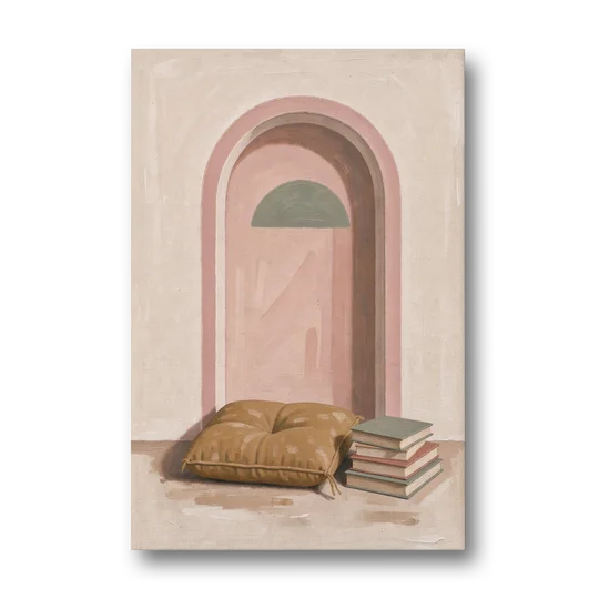 Book Nook Decor with Mustard Cushion in Blush Arch - Canvas Wall Art - Front