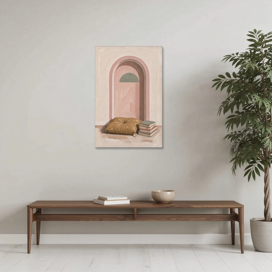 Book Nook Decor with Mustard Cushion in Blush Arch - Canvas Wall Art - Coffee Table - 24x36