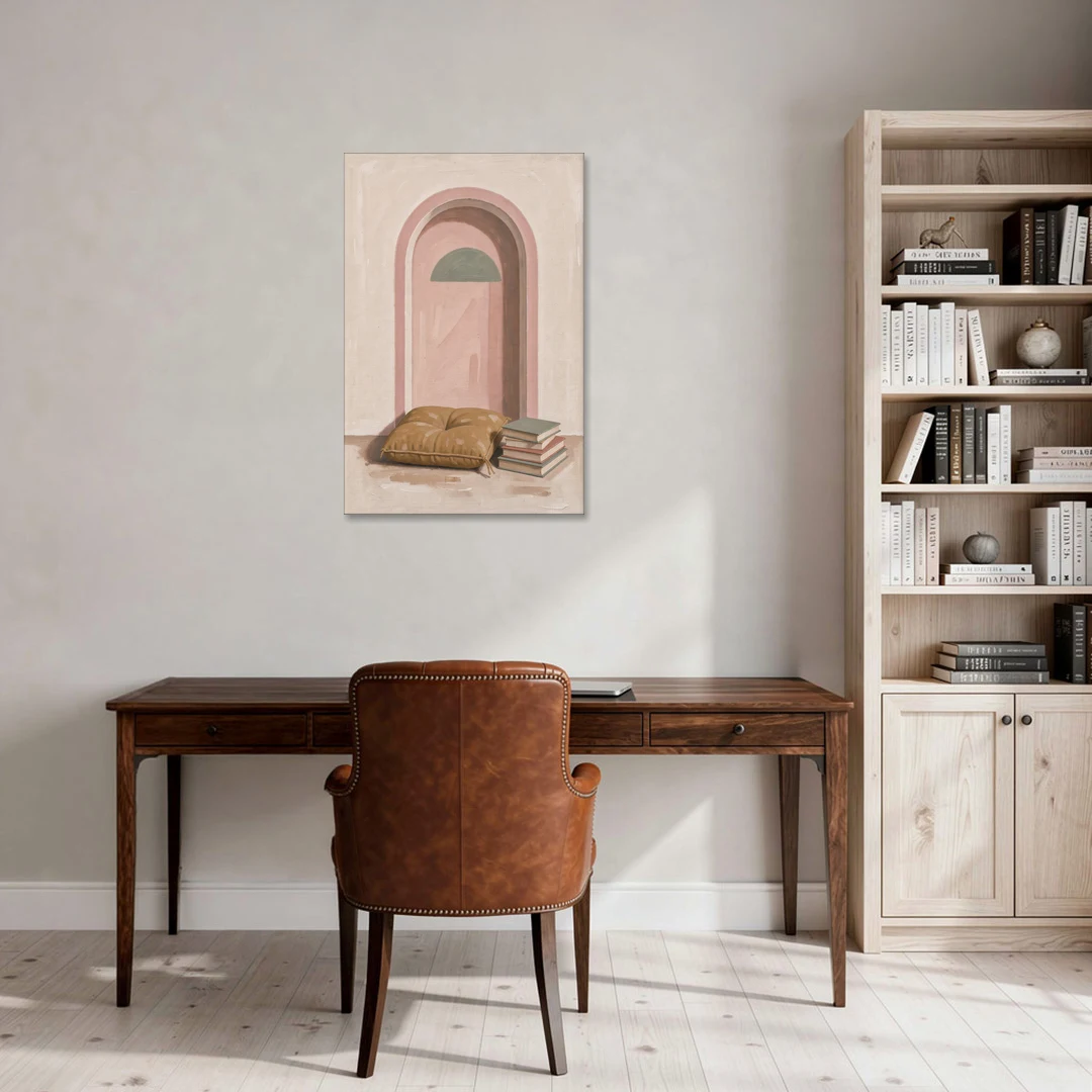 Book Nook Decor with Mustard Cushion in Blush Arch - Canvas Wall Art - Office - 24x36