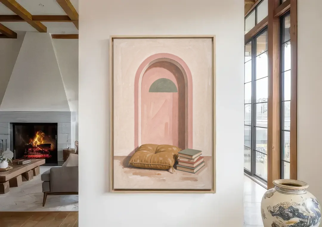 Book Nook Decor with Mustard Cushion in Blush Arch canvas wall art in a living room with a fireplace