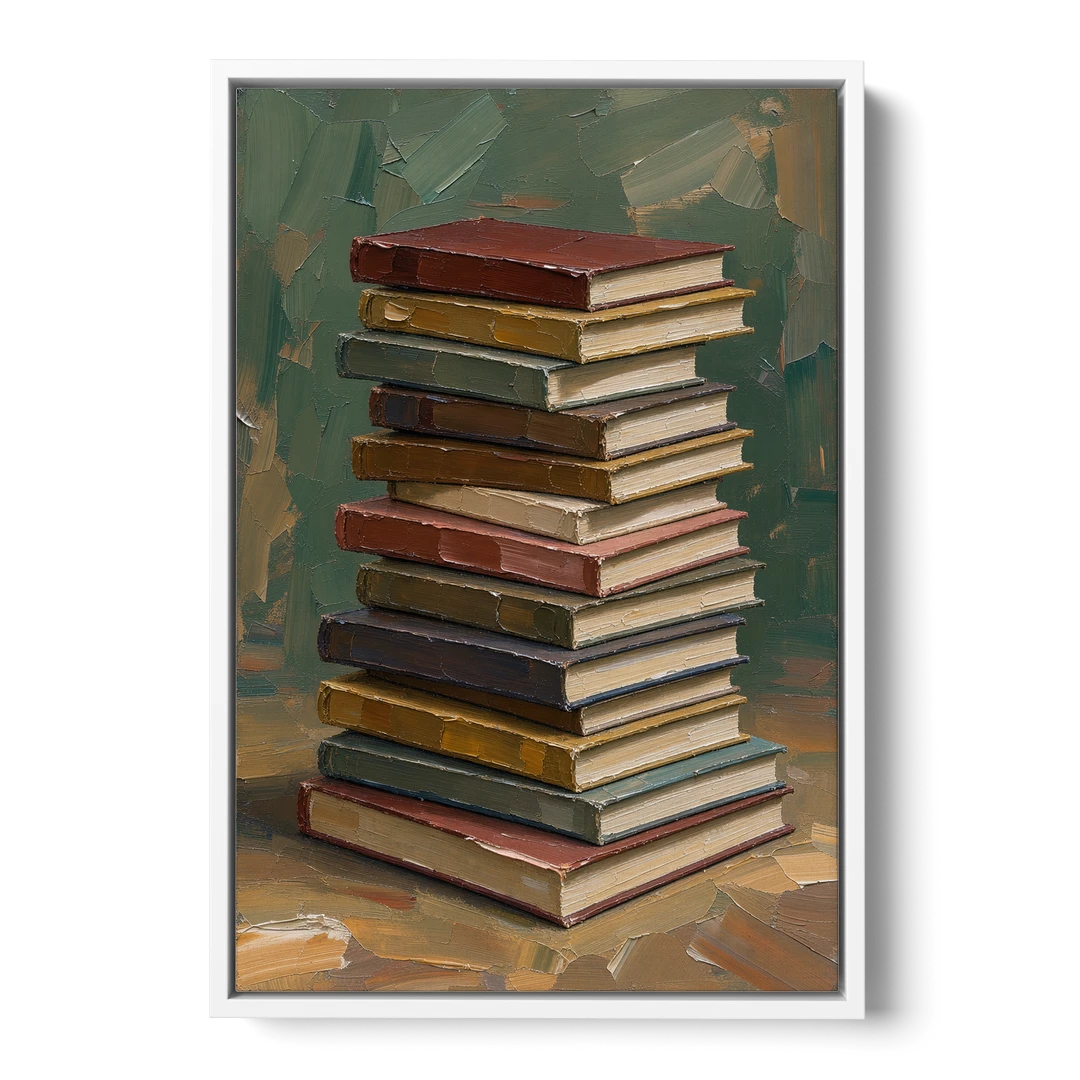 Book Stack Wall Art of a Leaning Tower - White Framed Canvas Wall Art - Front