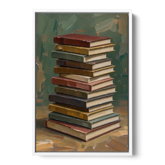 Book Stack Wall Art of a Leaning Tower - White Framed Canvas Wall Art - Front