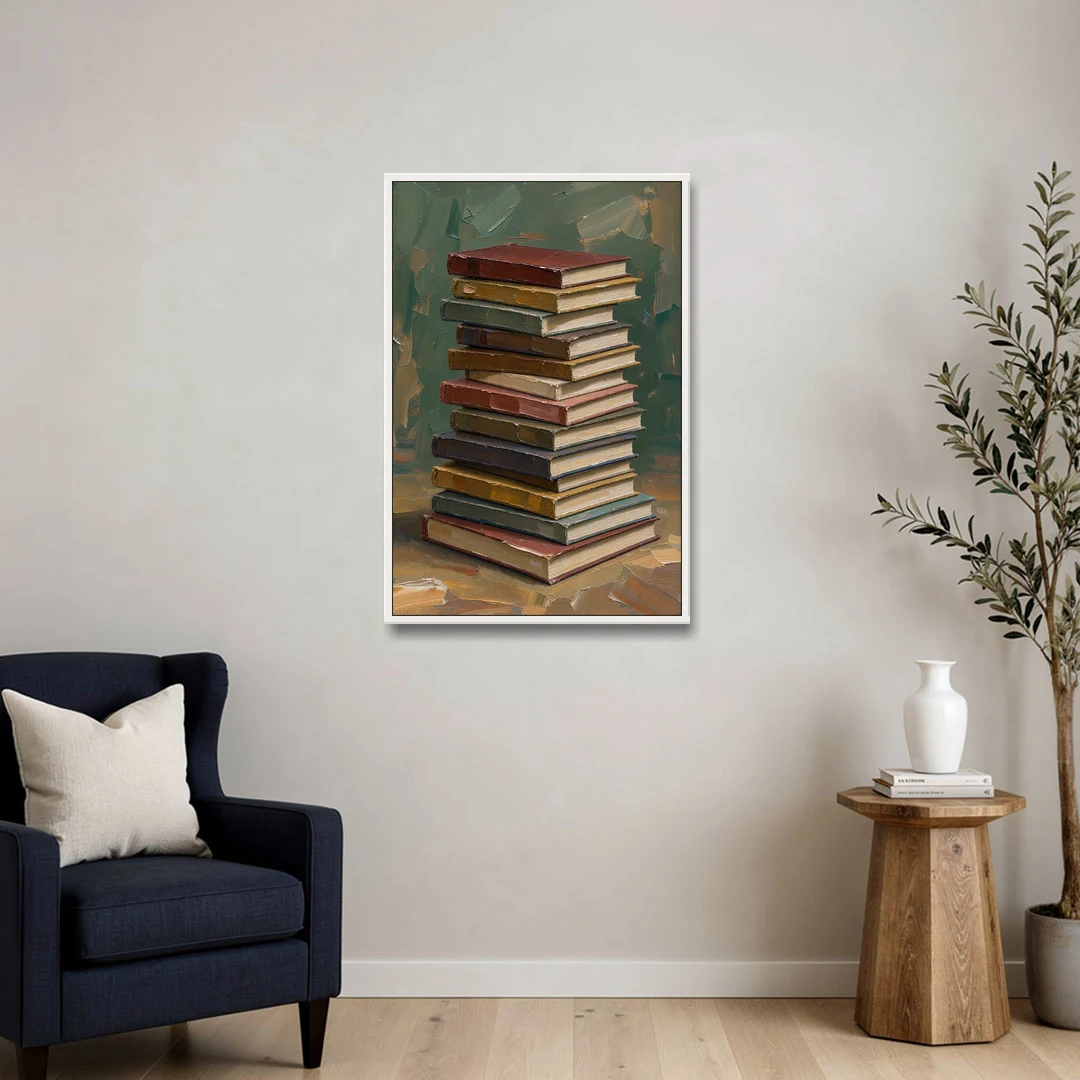 Book Stack Wall Art of a Leaning Tower - White Framed Canvas Wall Art - Sofa - 24x36