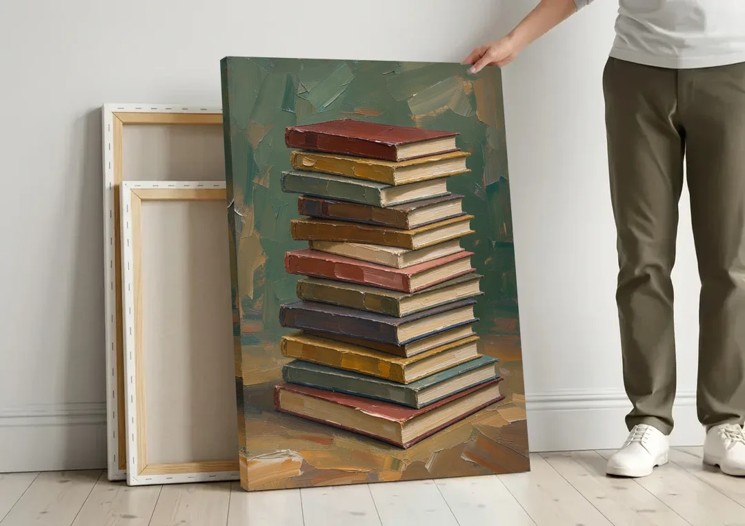 Book Stack Wall Art of a Leaning Tower canvas wall art leaning against a wall next to blank canvases