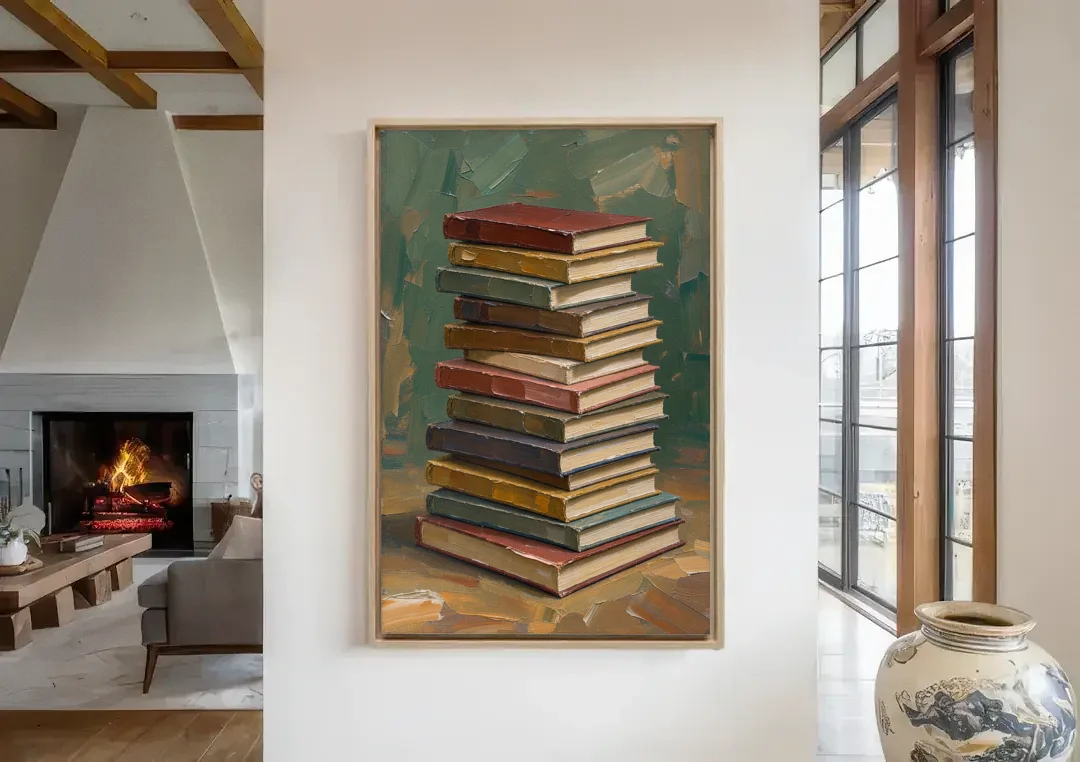 Book Stack Wall Art of a Leaning Tower canvas wall art in a living room with a fireplace