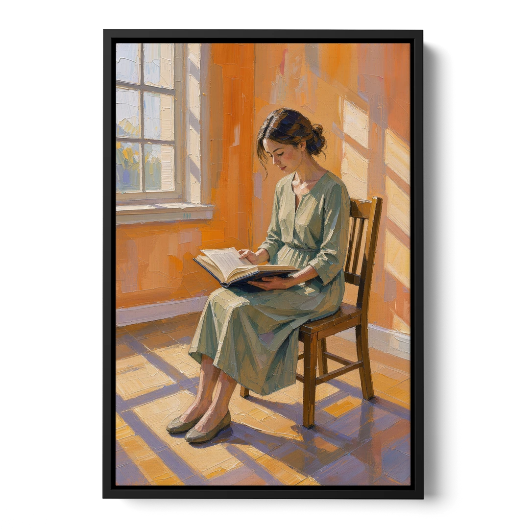 Bookish Decor Woman Reading in Slanted Window Light - Black Framed Canvas Wall Art - Front