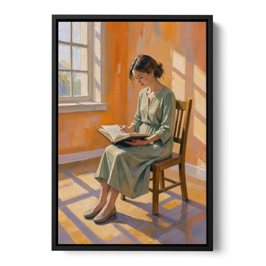 Bookish Decor Woman Reading in Slanted Window Light - Black Framed Canvas Wall Art - Front