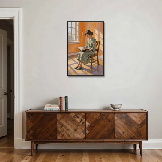 Bookish Decor Woman Reading in Slanted Window Light - Black Framed Canvas Wall Art - Coffee Table - 24x36