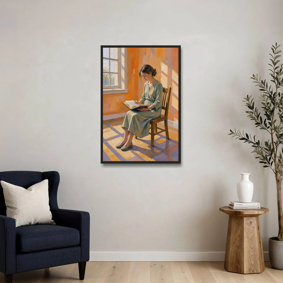 Bookish Decor Woman Reading in Slanted Window Light - Black Framed Canvas Wall Art - Sofa - 24x36