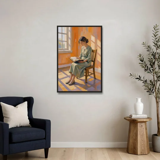 Bookish Decor Woman Reading in Slanted Window Light - Black Framed Canvas Wall Art - Sofa - 24x36