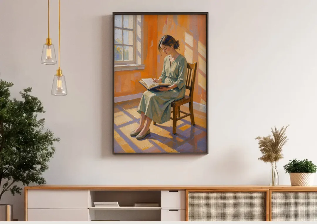 Bookish Decor Woman Reading in Slanted Window Light canvas wall art above a wooden sideboard under pendant lights